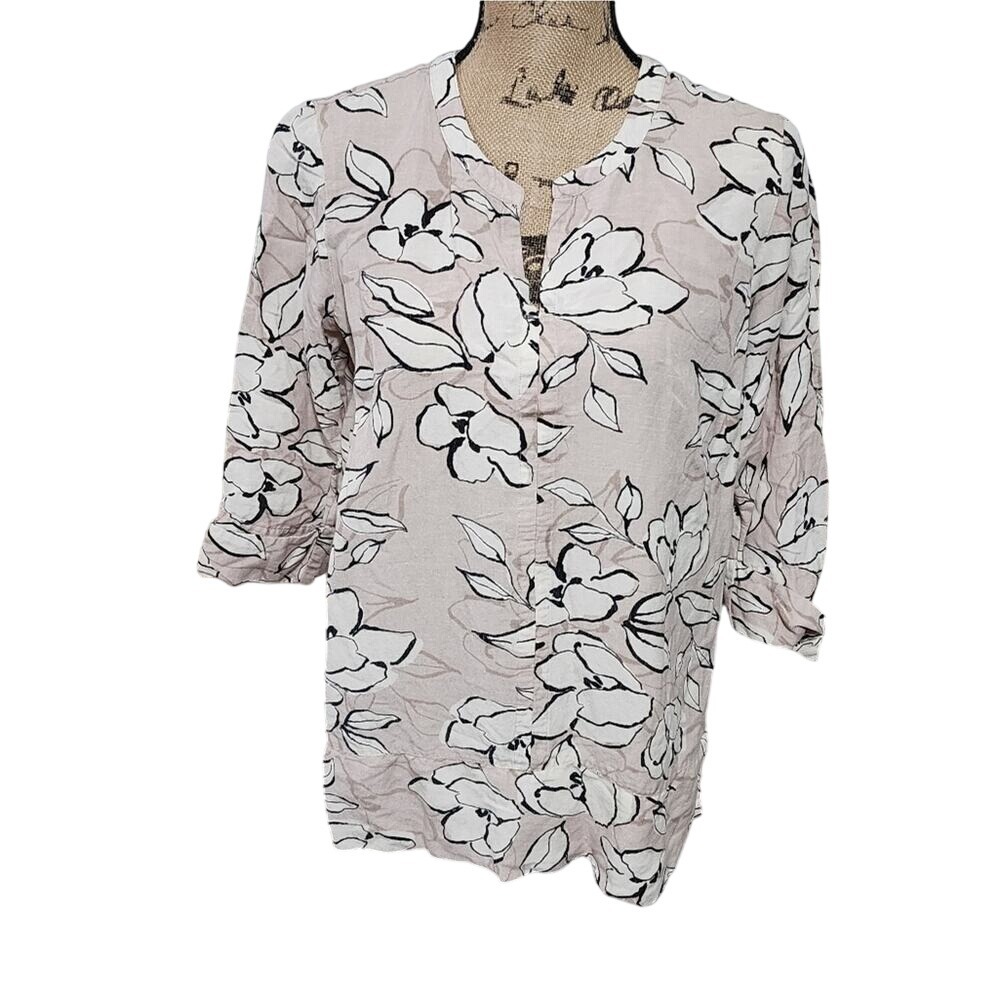J. Jill Floral Linen Blend Tunic Top Tan Black XS 3/4 Roll Tab Sleeve Blouse